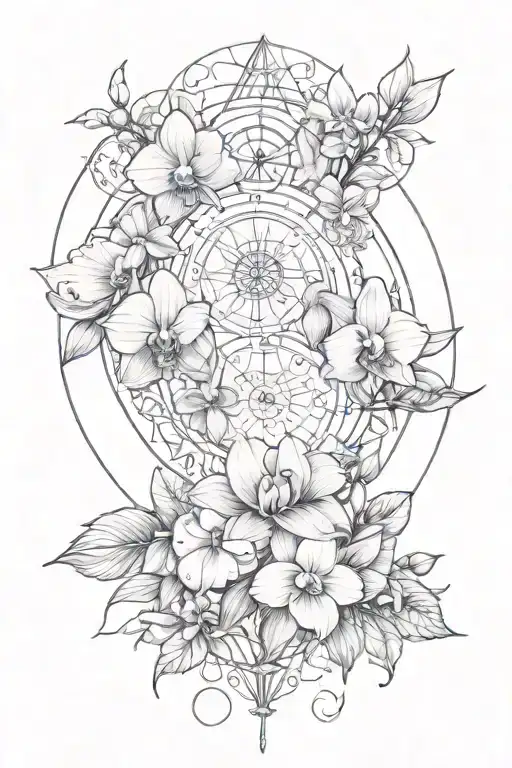 Tattoo on the whole arm, on the shoulder a circle with the phases of the moon and a number of orchids, below two tarot tattoo design idea