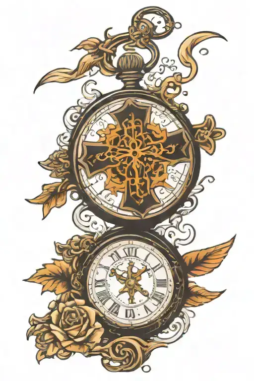 cross and pocket watch face made entirely of black tattoo design idea