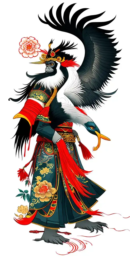 Monkey king and crane bird tattoo design idea