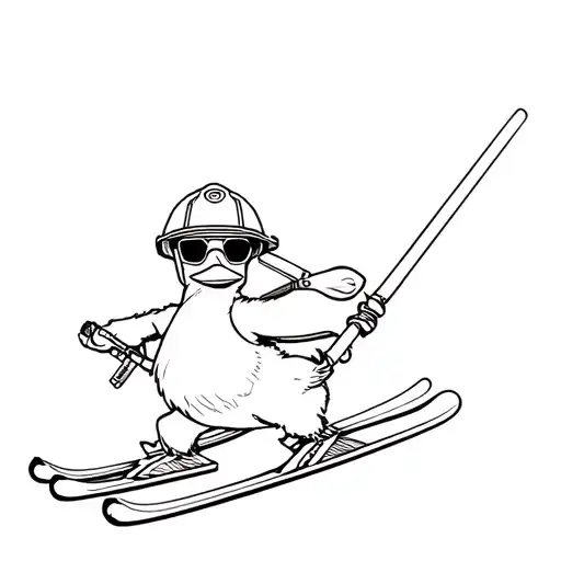 snow skiing fluffy duck holding a lightsaber wearing two skis and a firefighter helmet and sunglasses on his face  tattoo design idea