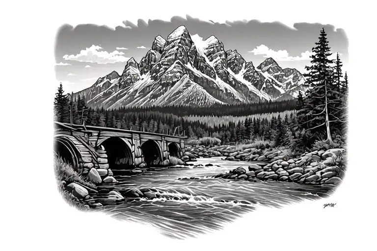 the grand Teton Range with a river running through it. An old burnt and beaten up covered bridge over the river. tattoo design idea