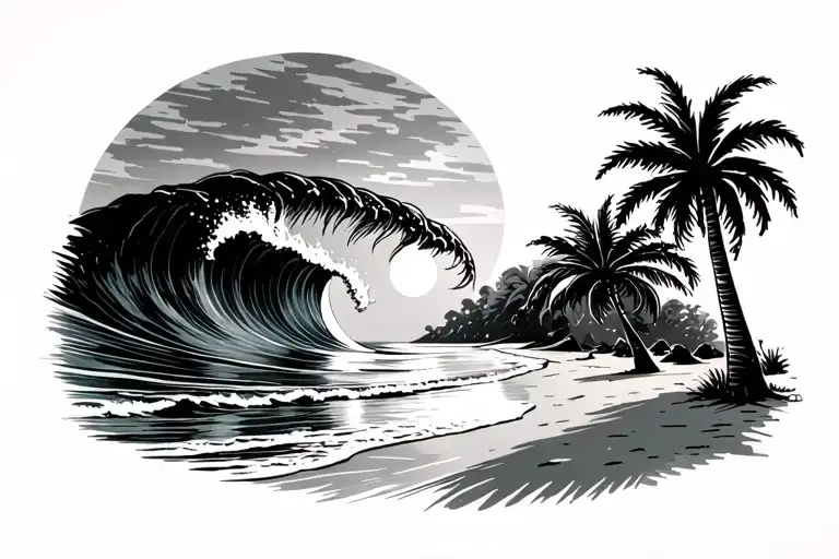 sketch style tattoo of a beach promenade with palm trees on the right , wave crashing on the right and sun behind wave  tattoo design idea