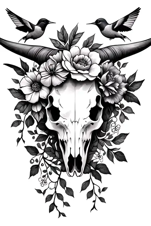 longhorn skull, flower headband, hummingbirds, cardinals, flowers, vines tattoo design idea