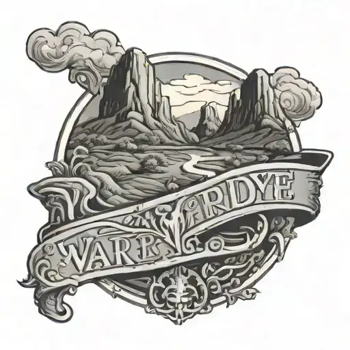 A western landscape with a large belt buckle as the focal point, with the word, "WarrenDye" tattoo design idea