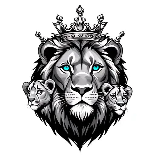 lion with two cubs and crown and blue eyes tattoo design idea