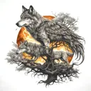 tree of life wolf standing and phoenix rising from the ashes tattoo design idea
