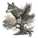 tree of life wolf standing and phoenix rising from the ashes tattoo design idea