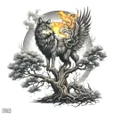 tree of life wolf standing and phoenix rising from the ashes tattoo design idea