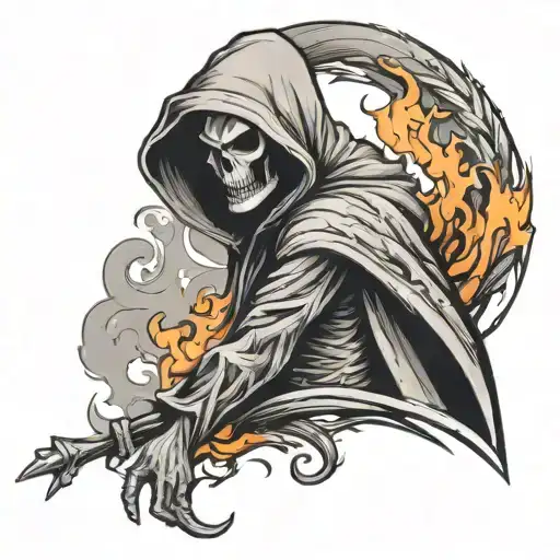 colourful Hooded Reaper Silohuette, Smoke, Fire, Scary, Batwingυ, tattoo design idea