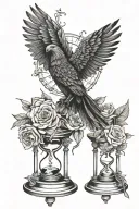 mountains with 3 stars phoenix raven wings books hourglass skeletal hand holding rose violets  tattoo design idea