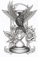 mountains with 3 stars phoenix raven wings books hourglass skeletal hand holding rose violets  tattoo design idea