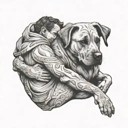 dog and man hugging each other under a shelter tattoo design idea