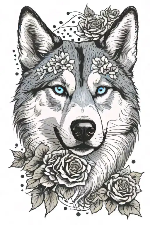 Husky Siberian face one eye blue one eye mixed brown sourounded by red roses  tattoo design idea