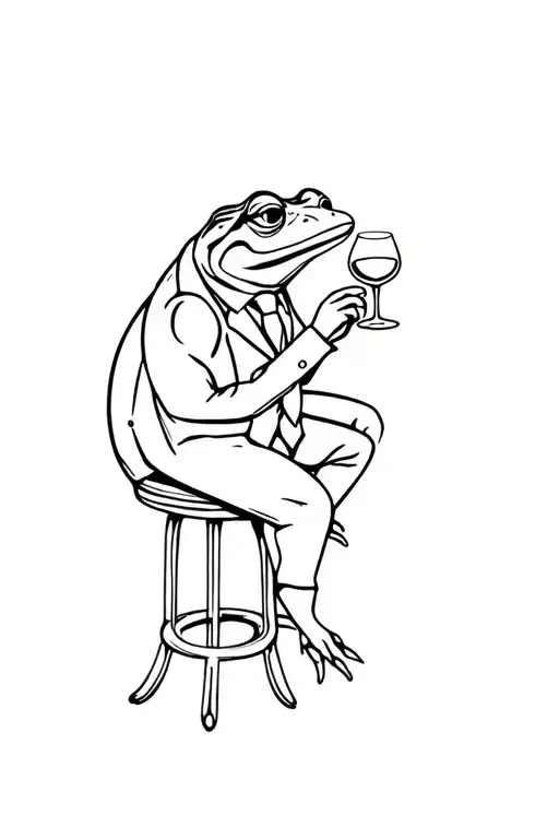 A fine line tattoo of a bullfrog wearing a suit and tie sitting on a stool drinking a glass of wine.  tattoo design idea