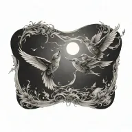 two small birds flying towards a sun, with wispy wind or nature elements throughout tattoo design idea