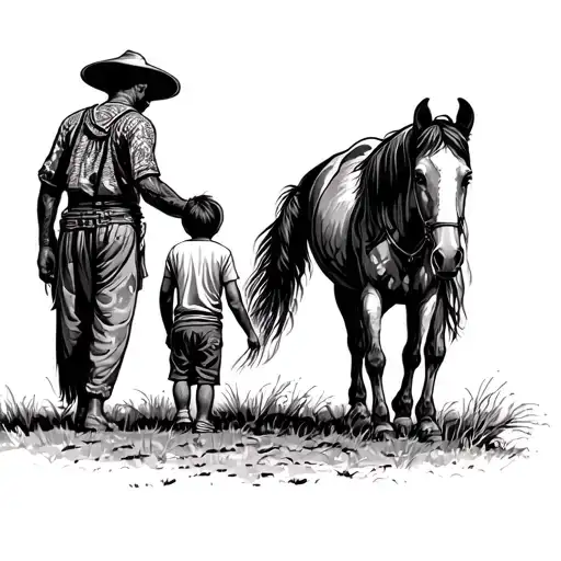 Peruvian farmer leading a horse with his grandson, viewed diagonally from behind tattoo design idea