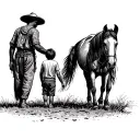 Peruvian farmer leading a horse with his grandson, viewed diagonally from behind tattoo design idea
