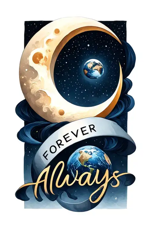"Forever Always" couples tattoo matching circle with a earth and moon in the ring with a quote  tattoo design idea