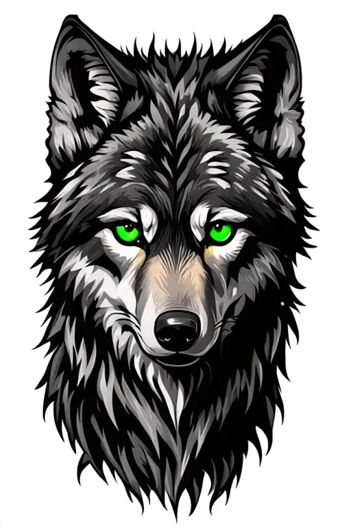Wolf face with green eyes tattoo design idea