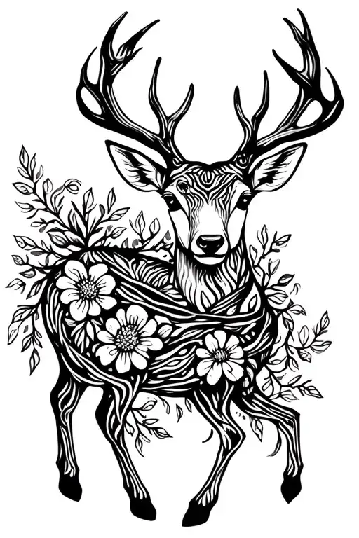 baby deer wrapped in vines and flowers growing tattoo design idea