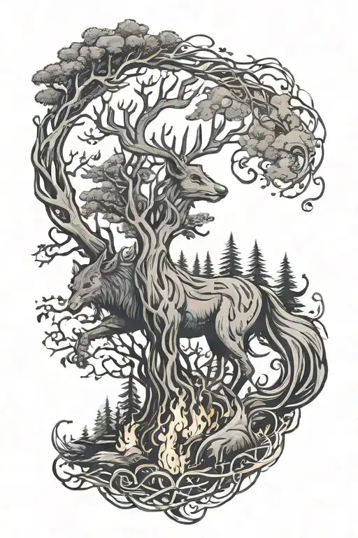 fire, forest, power, freedom love, druid tattoo design idea