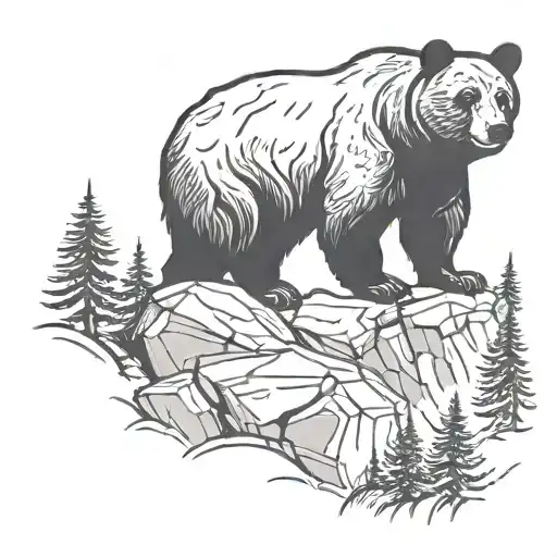 A black bear standing on a rocky cliff overlooking a vast forest landscape tattoo design idea