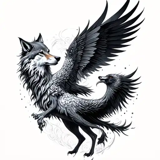 wolf and Phoenix for women dotwork tattoo design idea