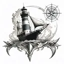 wind rose boat lighthouse that illuminates tattoo design idea