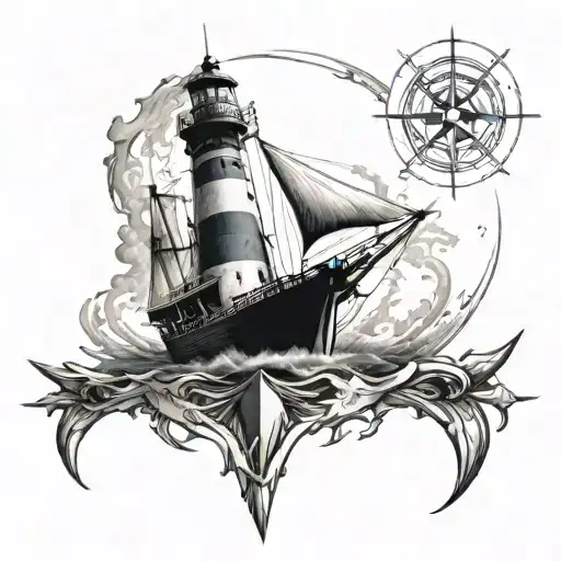 wind rose boat lighthouse that illuminates tattoo design idea