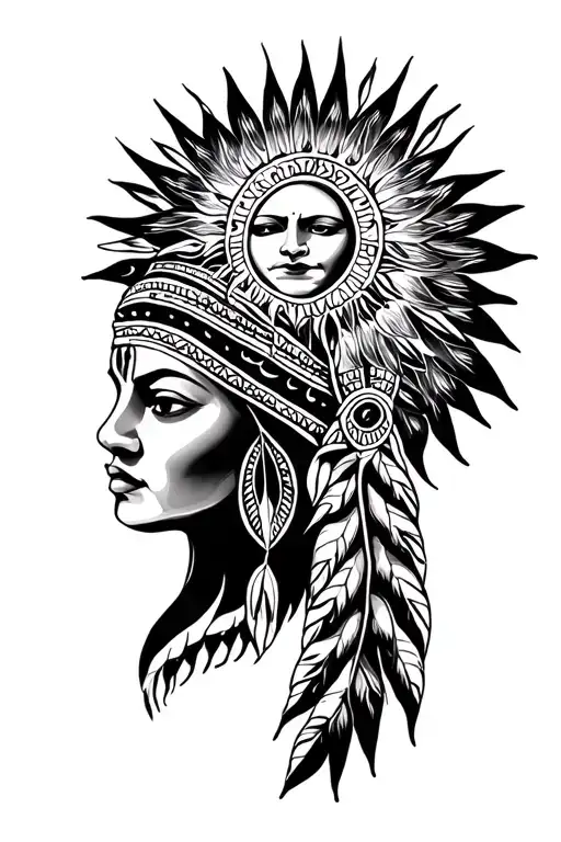 Red Indian face of women with sun on top tattoo design idea