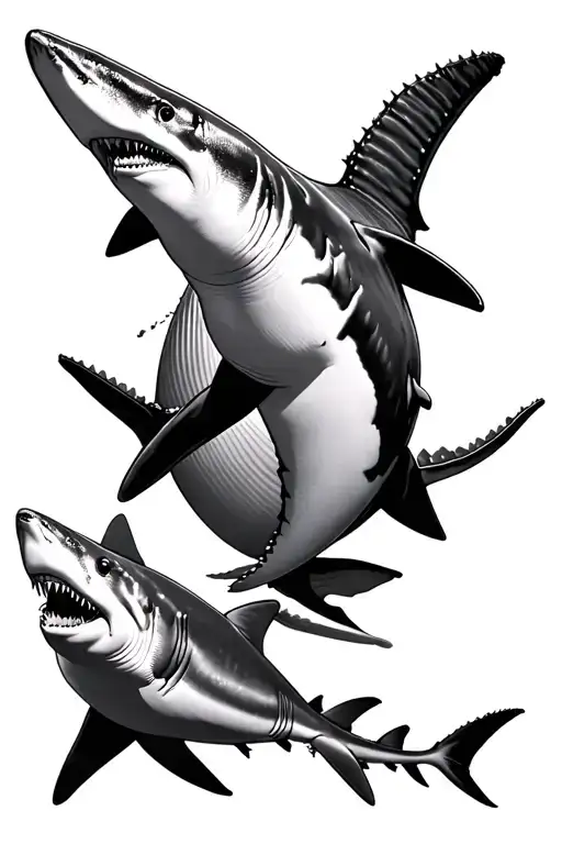 great white shark, whale shark, hammerhead shark, tiger shark swimming in a line with shadows tattoo design idea