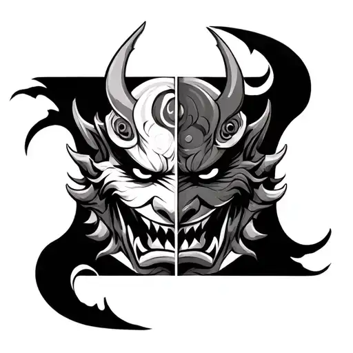 oni mask split full moon background  tattoo design idea