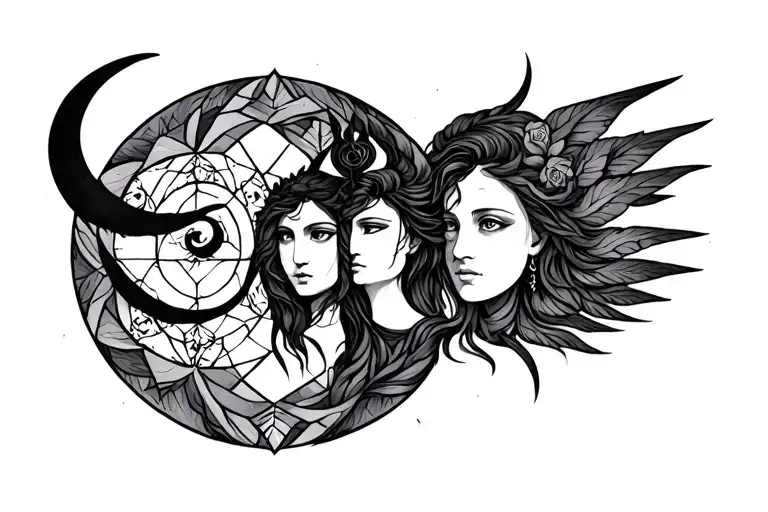 hecate triple goddess tattoo, geo patern tattoo design idea