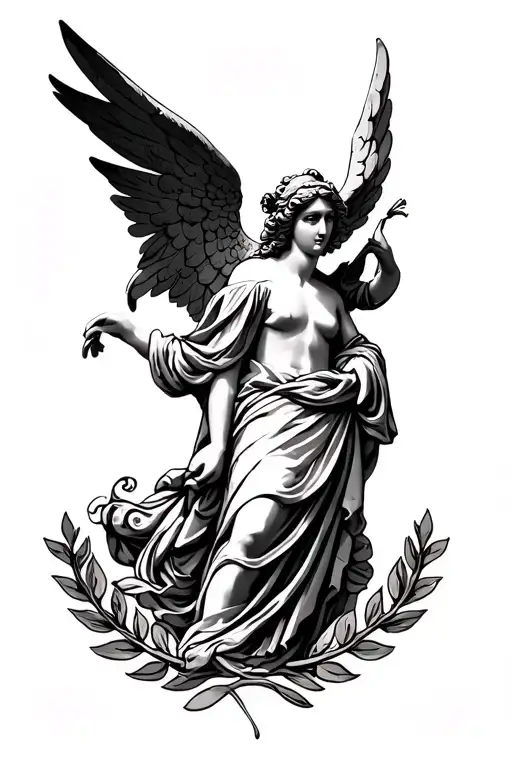 “fine line tattoo sleeve of greek laurel wreath, greek columns, small renaissance angel, minimal shading, clean lines, f tattoo design idea