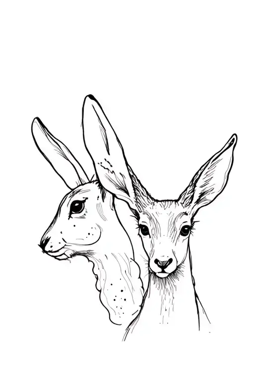 Minimalistic sketch for a tattoo with one black line. The sketch shows the head of a hare and a deer, the hare is a little curly and freckled tattoo design idea
