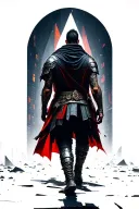 A warrior walking through a background of geometric urban destruction toward light. Seen from behind tattoo design idea