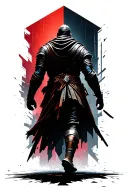 A warrior walking through a background of geometric urban destruction toward light. Seen from behind tattoo design idea