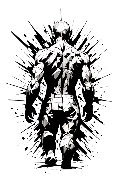an anthropomorphic rock walking through chaos and destruction towards contentment. seen from behind tattoo design idea