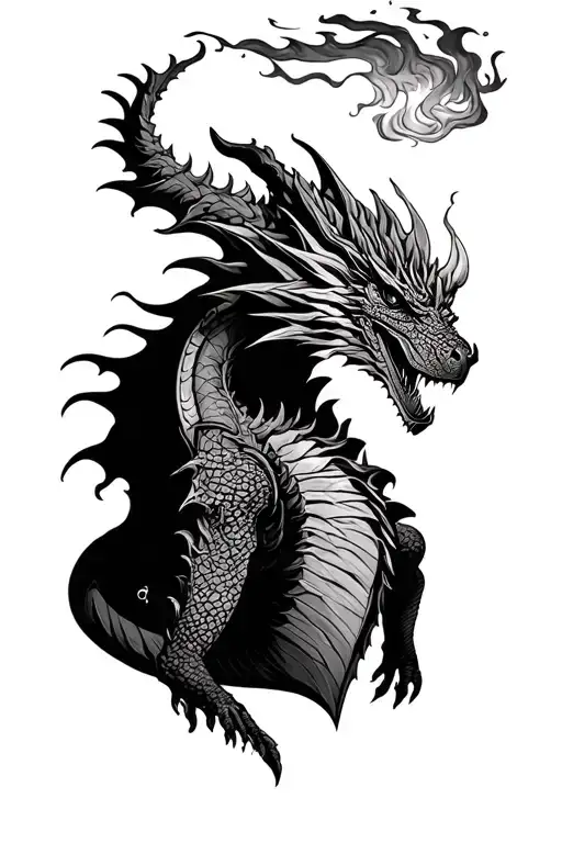 Queen and her dragon breathing fire tattoo design idea