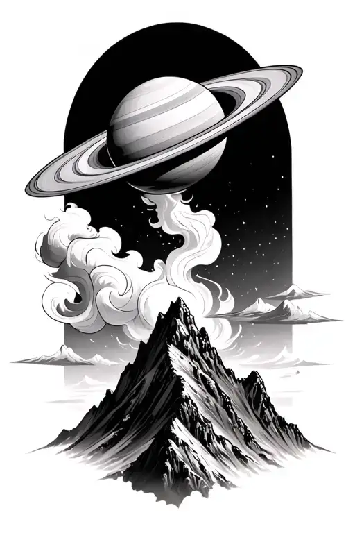 smoke forming saturn on top of a mountain peak tattoo design idea