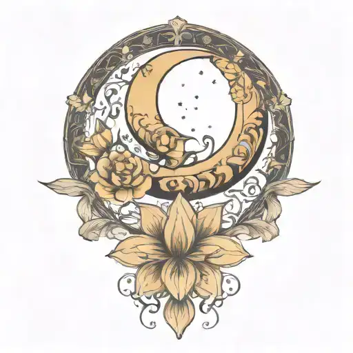 crescent moon, floral, art nouveau  tattoo design idea