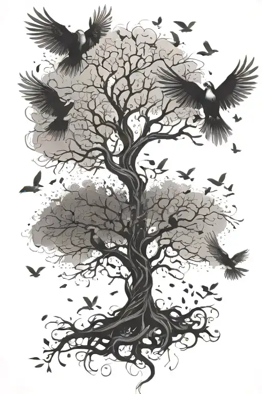 tree of life with birds flying and feathers falling tattoo design idea