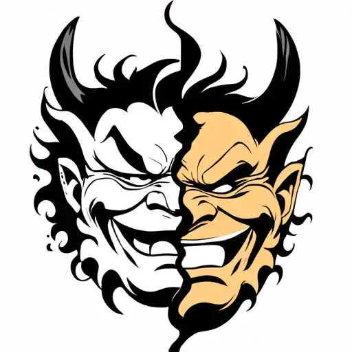 oni mask split where one side is smiling and the other side is crying tattoo design idea