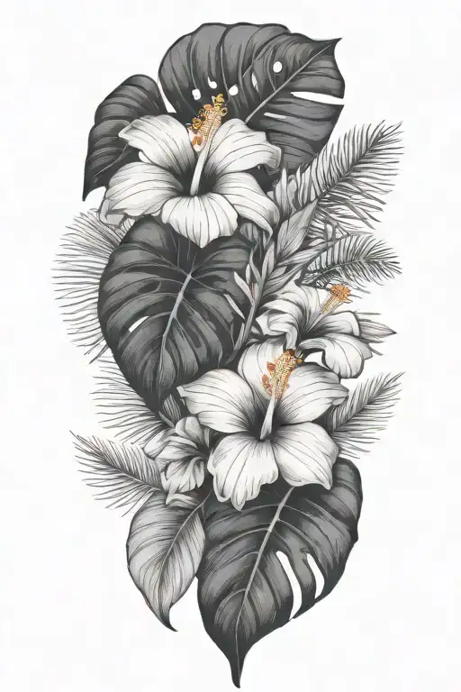 tropical leaves with hibiscus flowers tattoo design idea