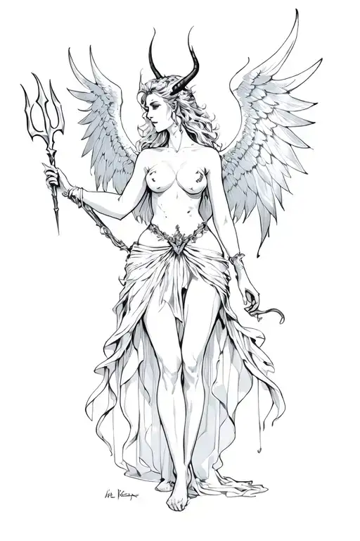 A seductive lilit in a dress with bare breasts and wings and horns of a demon stands to me with a trident in your hand and breathes tattoo design idea