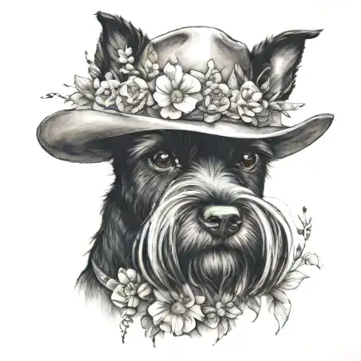 all black schnauzer with cowgirl hat and brown eyes and a collar and flowers looking to the side tattoo design idea