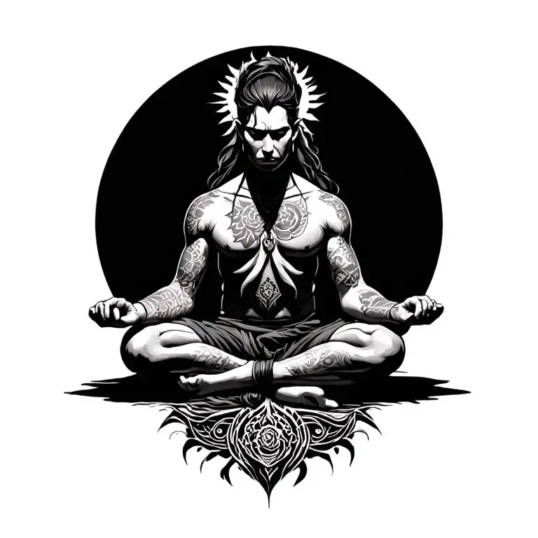 Realistic powerful warrior with tattoo sitting in meditation. Tattoo with great detail and fine lines tattoo design idea