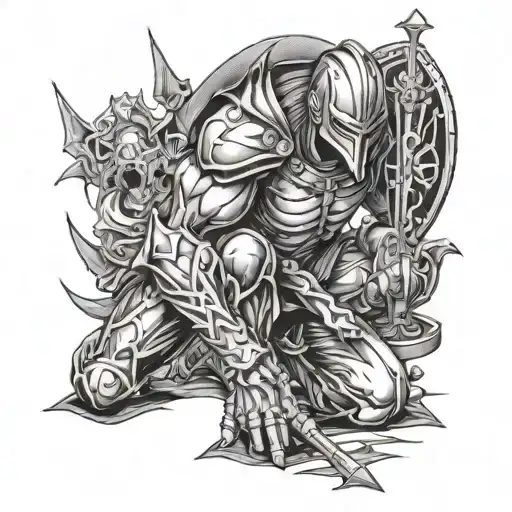 broken warrior kneeling at bible tattoo design idea