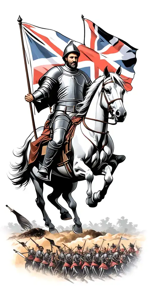 Medieval knight riding a horse with the british flag with a war scene in the background tattoo design idea