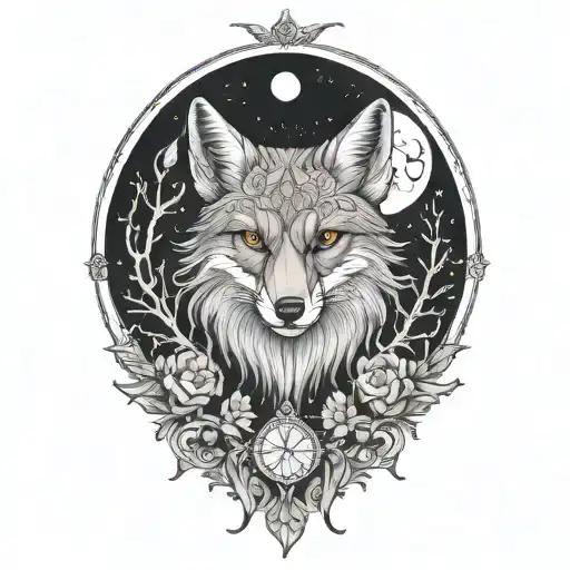 Fox and spider and witch and moon intertwined tattoo design idea